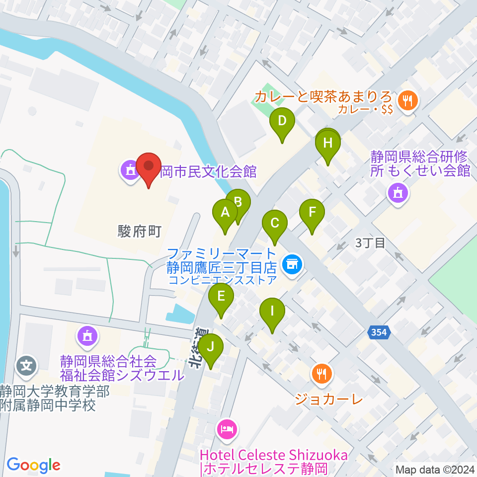 静岡市民文化会館周辺のファミレス・ファーストフード一覧地図