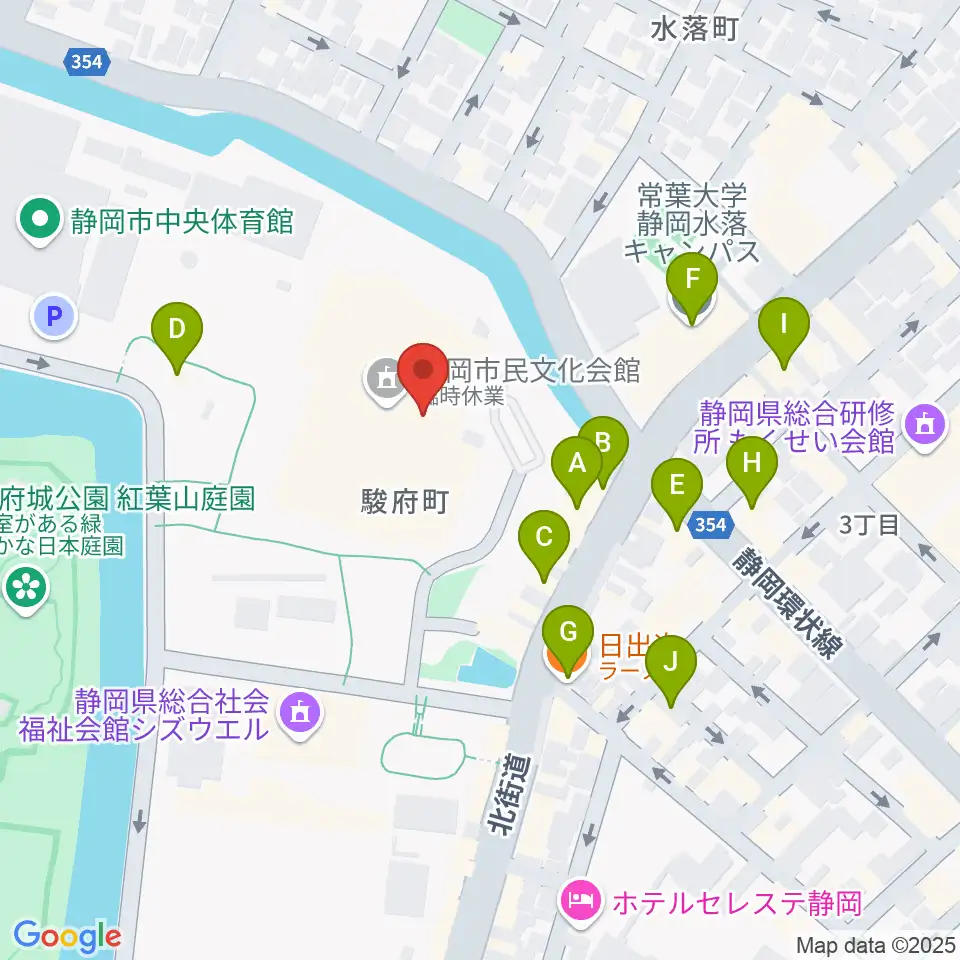 静岡市民文化会館周辺のファミレス・ファーストフード一覧地図