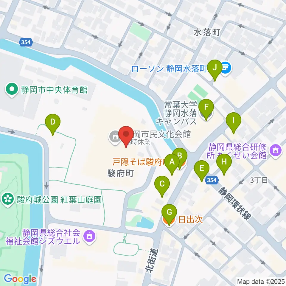 静岡市民文化会館周辺のファミレス・ファーストフード一覧地図