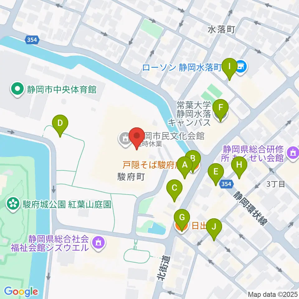 静岡市民文化会館周辺のファミレス・ファーストフード一覧地図
