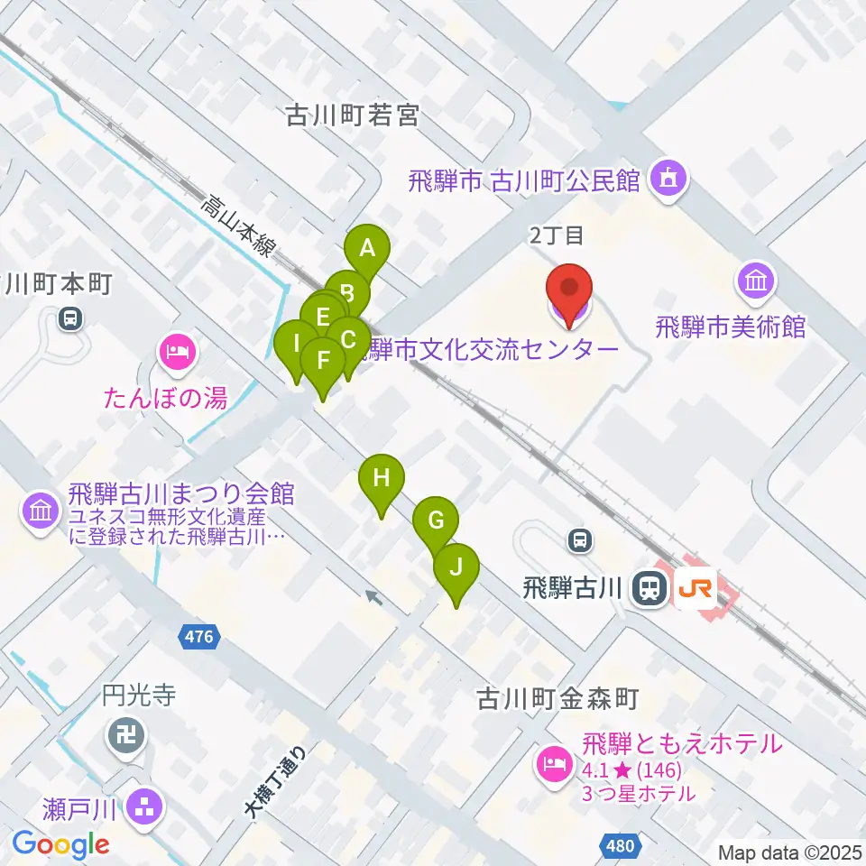 飛騨市文化交流センター周辺のファミレス・ファーストフード一覧地図