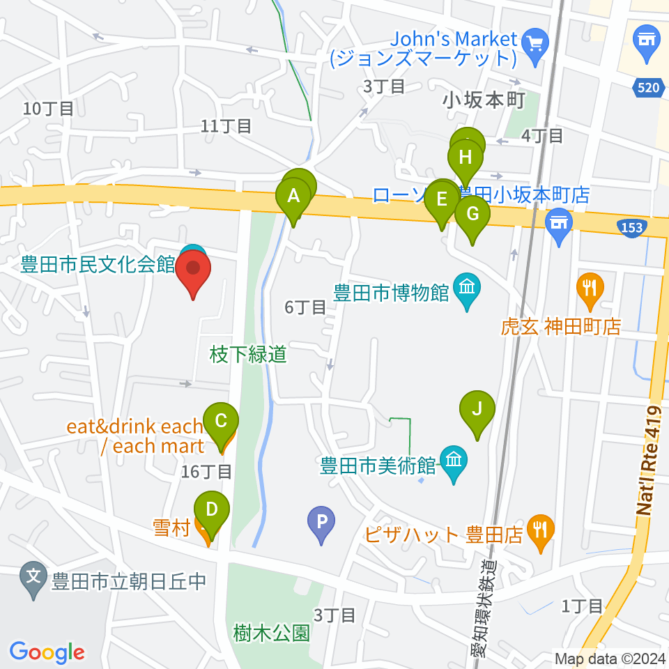 豊田市民文化会館周辺のファミレス・ファーストフード一覧地図