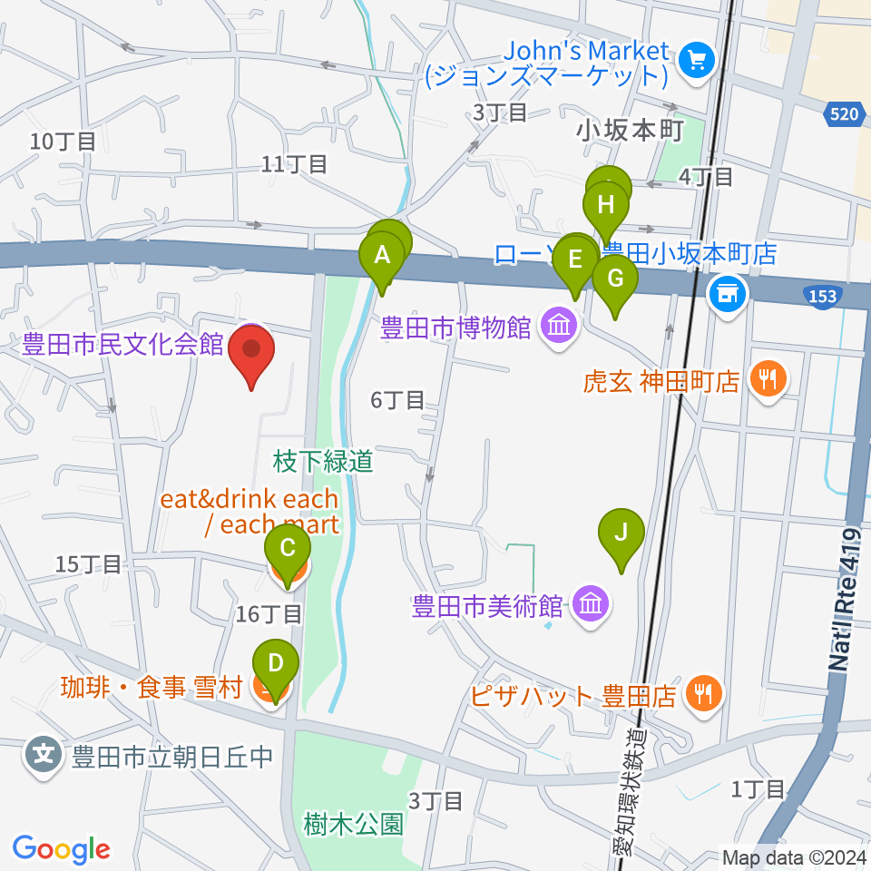 豊田市民文化会館周辺のファミレス・ファーストフード一覧地図