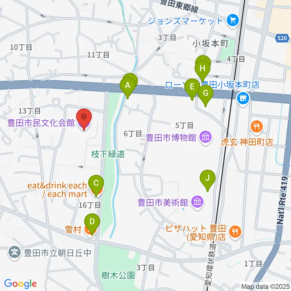 豊田市民文化会館周辺のファミレス・ファーストフード一覧地図