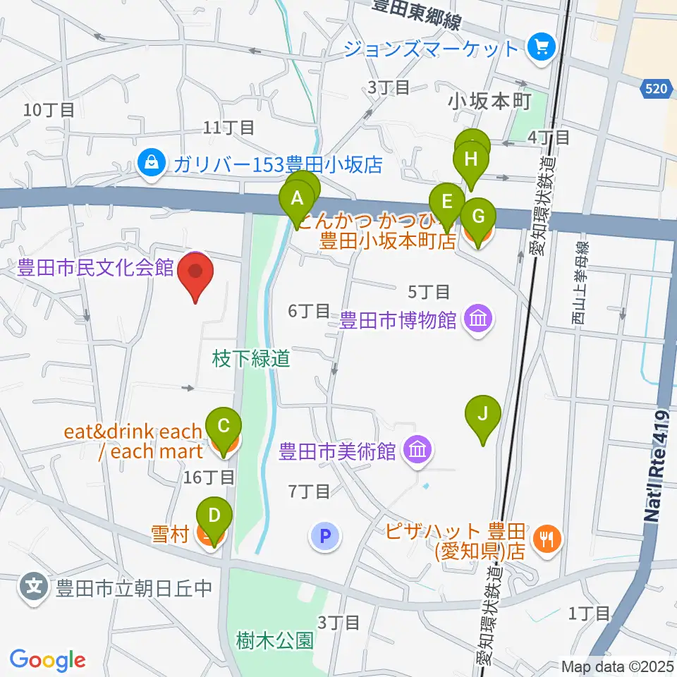 豊田市民文化会館周辺のファミレス・ファーストフード一覧地図