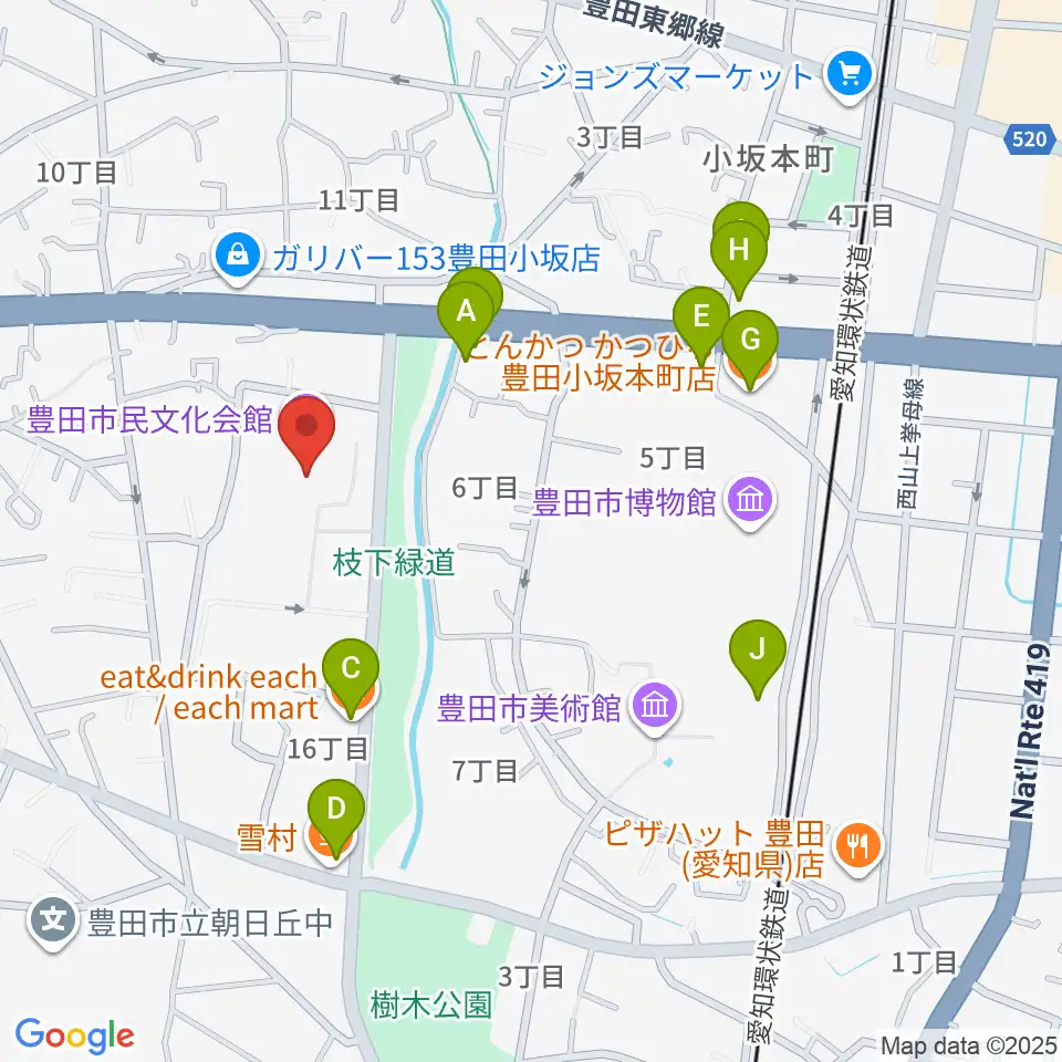 豊田市民文化会館周辺のファミレス・ファーストフード一覧地図