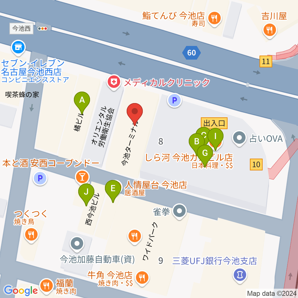 今池パラダイスカフェ21周辺のファミレス・ファーストフード一覧地図