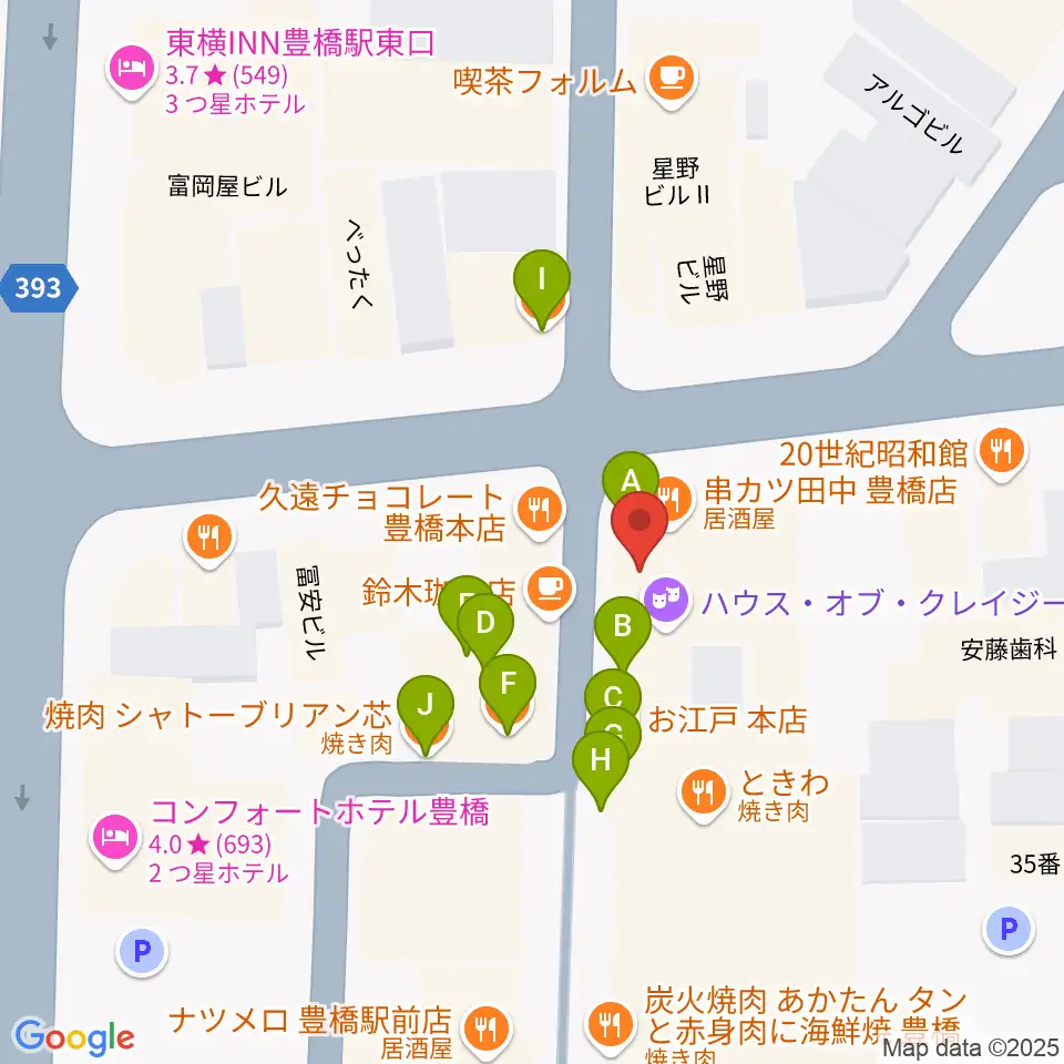 豊橋ハウスオブクレイジー周辺のファミレス・ファーストフード一覧地図