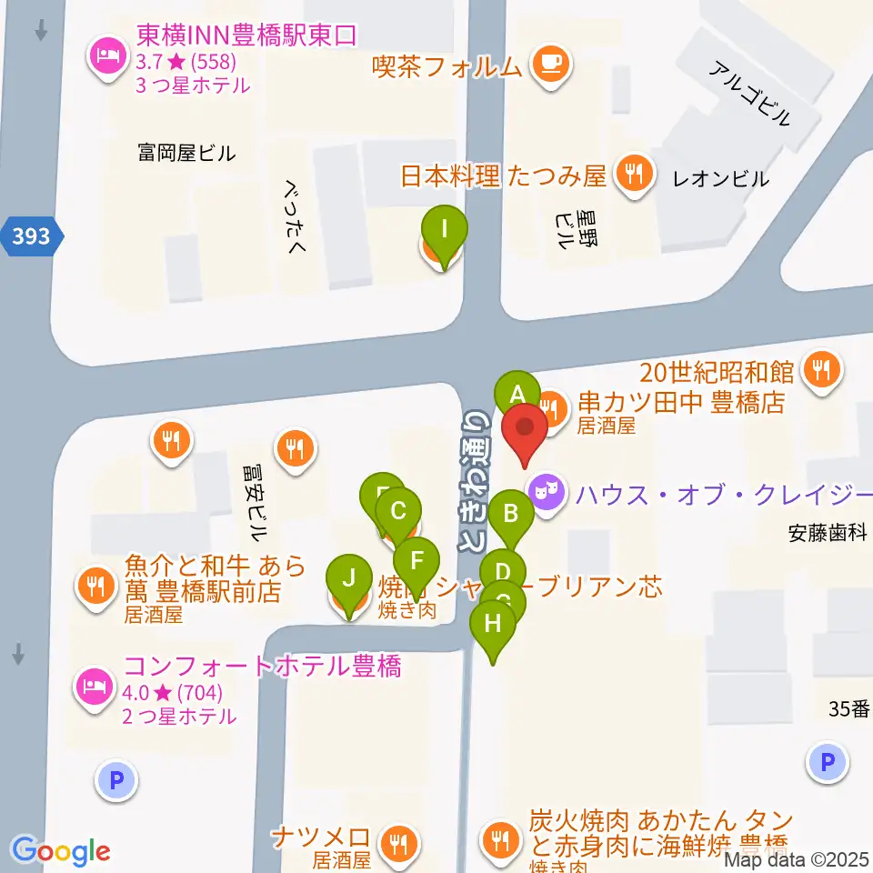 豊橋ハウスオブクレイジー周辺のファミレス・ファーストフード一覧地図