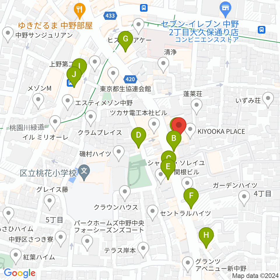 中野Vスタジオ周辺のファミレス・ファーストフード一覧地図
