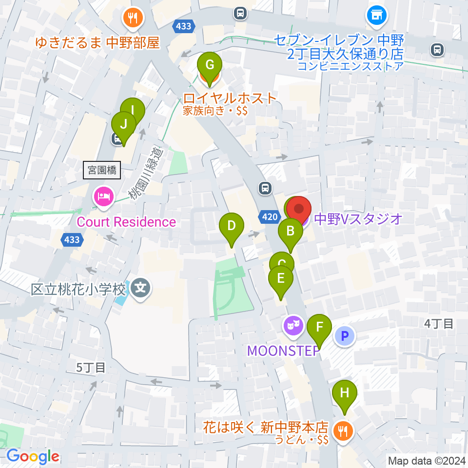 中野Vスタジオ周辺のファミレス・ファーストフード一覧地図