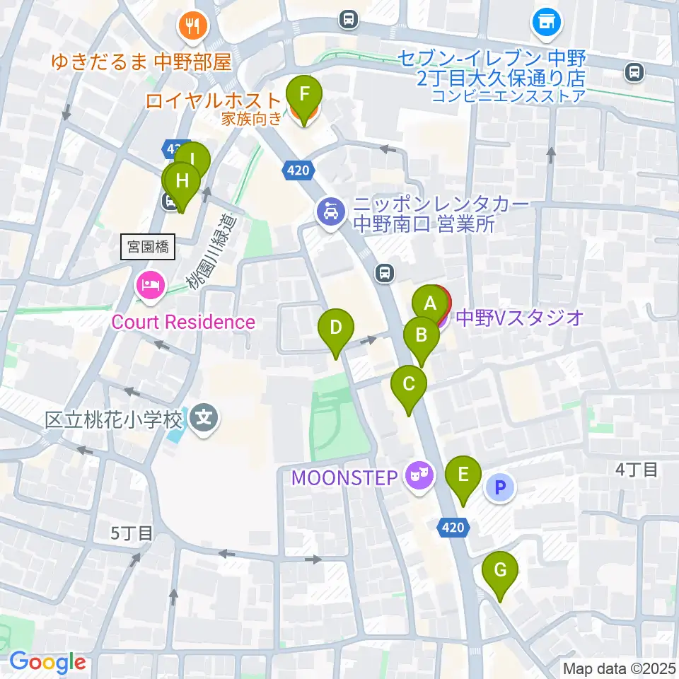 中野Vスタジオ周辺のファミレス・ファーストフード一覧地図