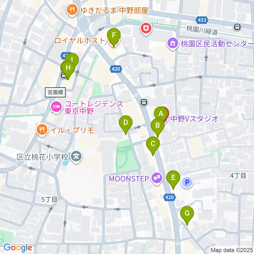 中野Vスタジオ周辺のファミレス・ファーストフード一覧地図
