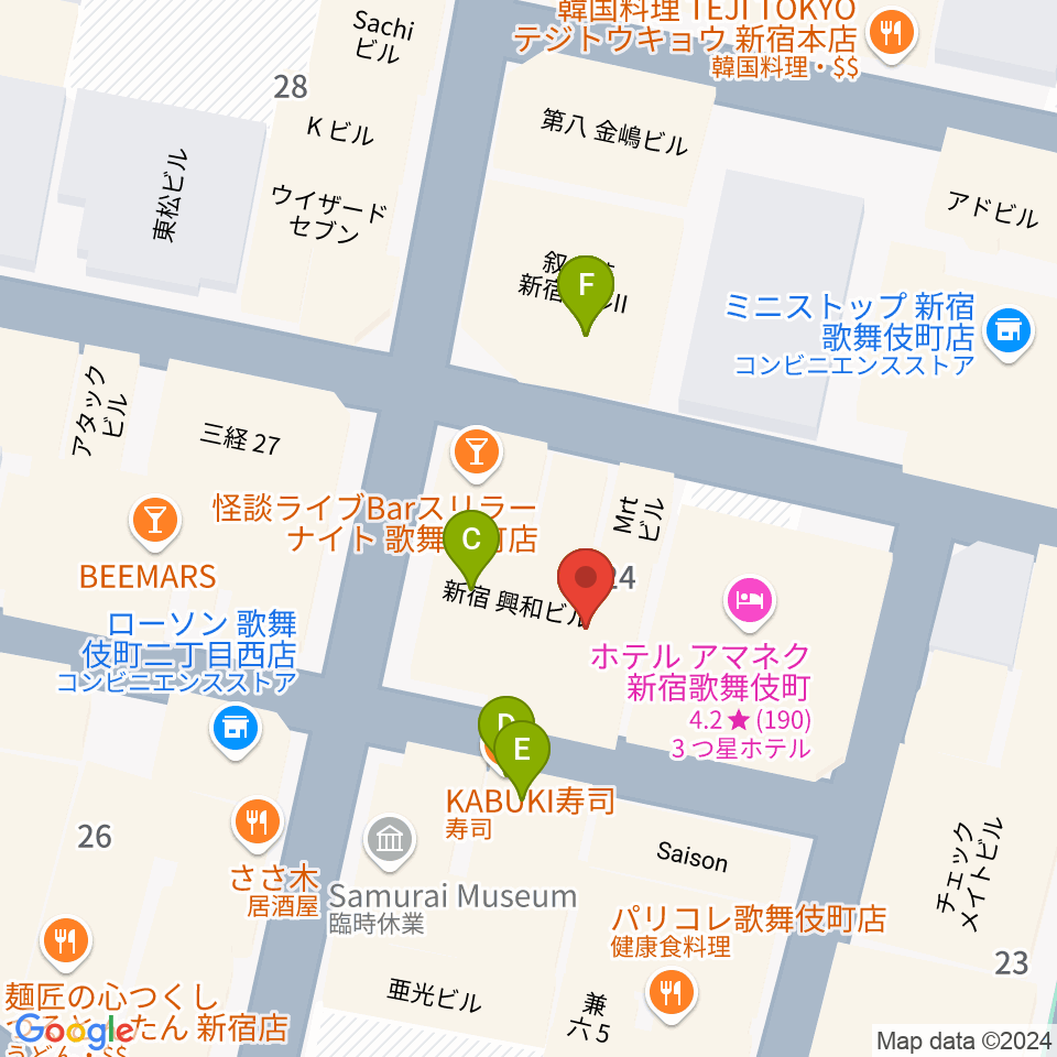 HOLIDAY SHINJUKU周辺のファミレス・ファーストフード一覧地図