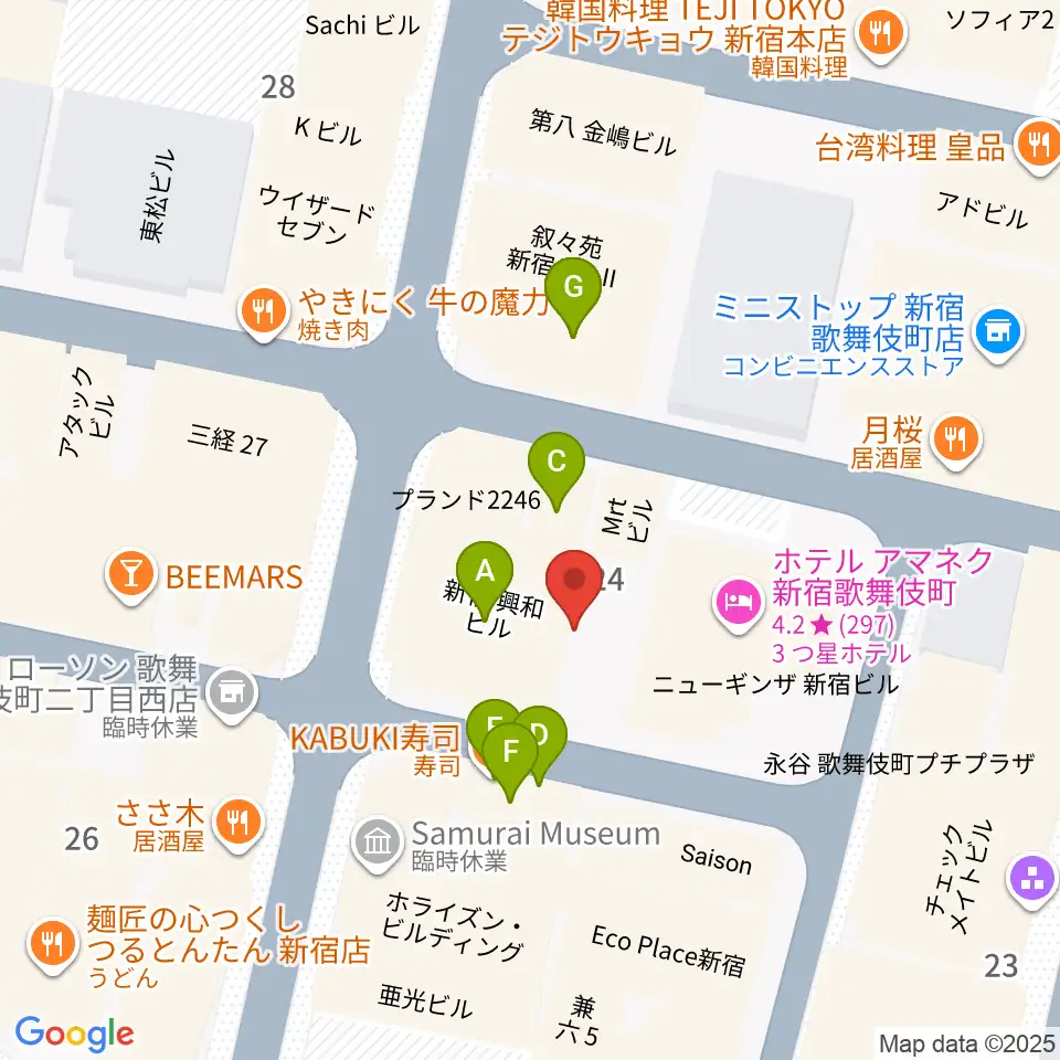 HOLIDAY SHINJUKU周辺のファミレス・ファーストフード一覧地図