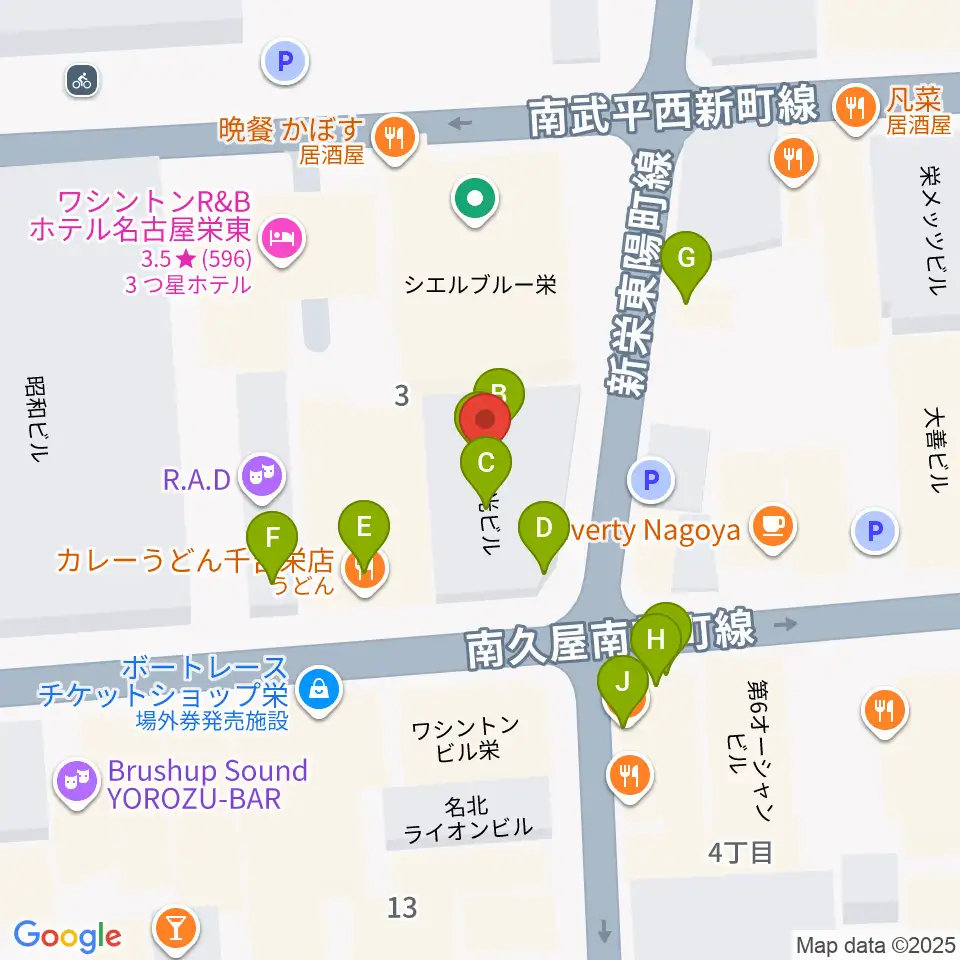 名古屋JB’S周辺のファミレス・ファーストフード一覧地図