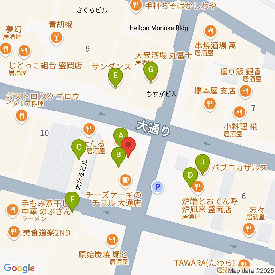 カワイ盛岡店周辺のファミレス・ファーストフード一覧地図