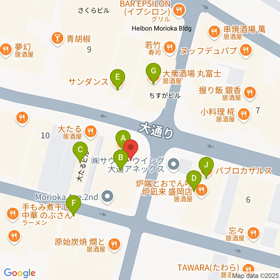 カワイ盛岡店周辺のファミレス・ファーストフード一覧地図