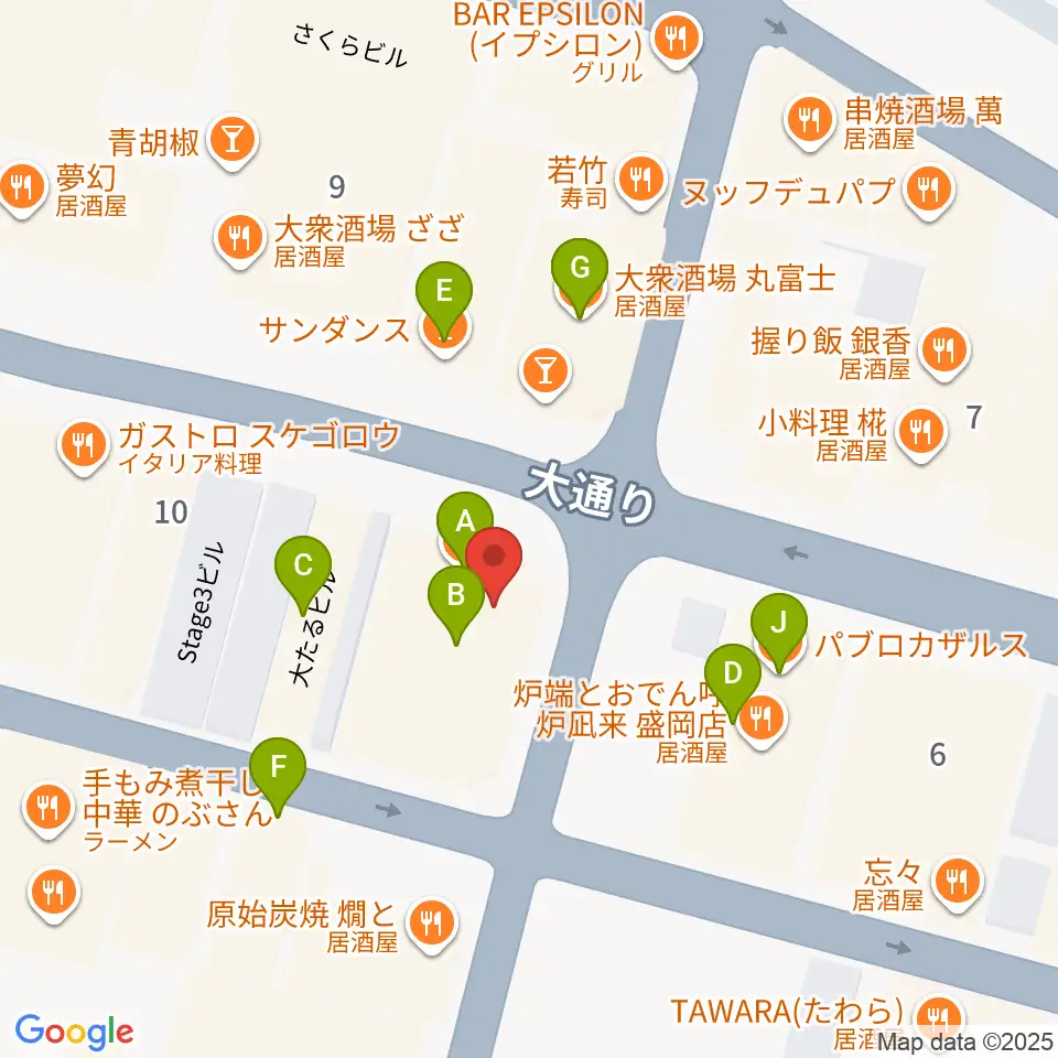 カワイ盛岡店周辺のファミレス・ファーストフード一覧地図