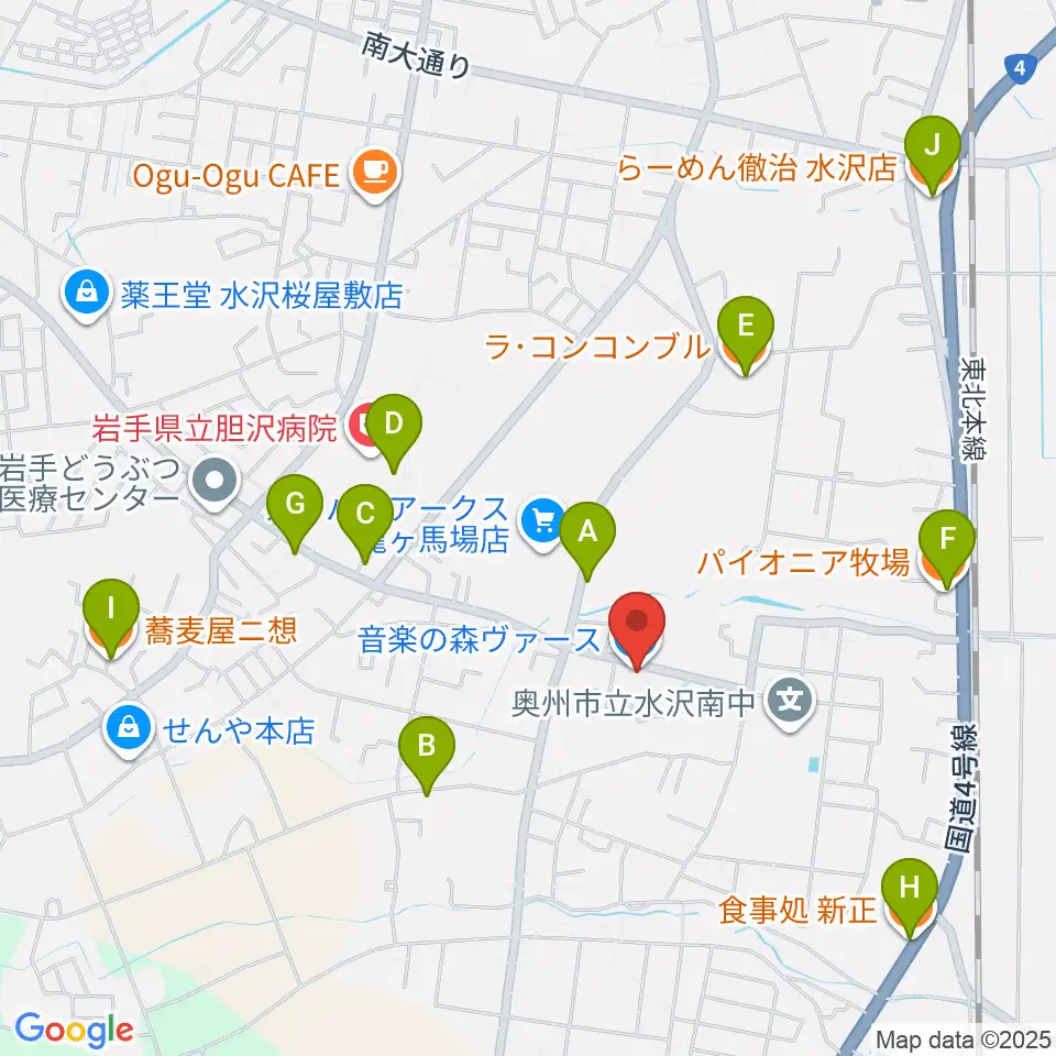 音楽の森ヴァース周辺のファミレス・ファーストフード一覧地図