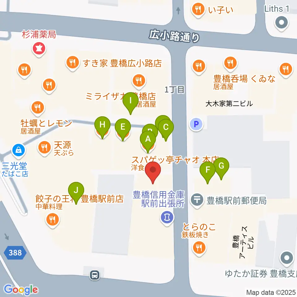 豊橋club KNOT周辺のファミレス・ファーストフード一覧地図