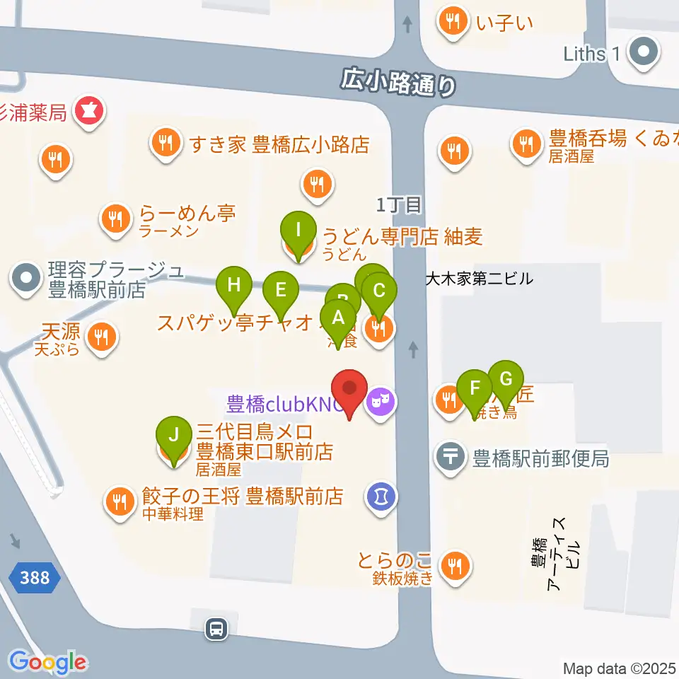 豊橋club KNOT周辺のファミレス・ファーストフード一覧地図