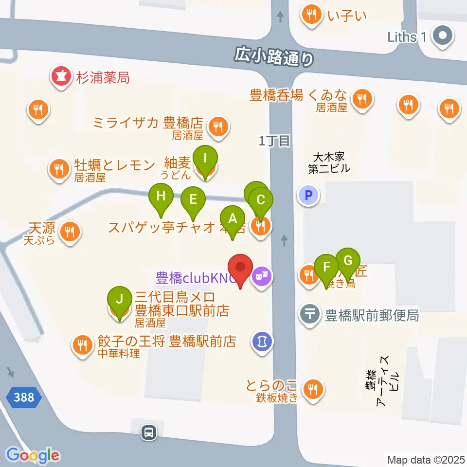 豊橋club KNOT周辺のファミレス・ファーストフード一覧地図