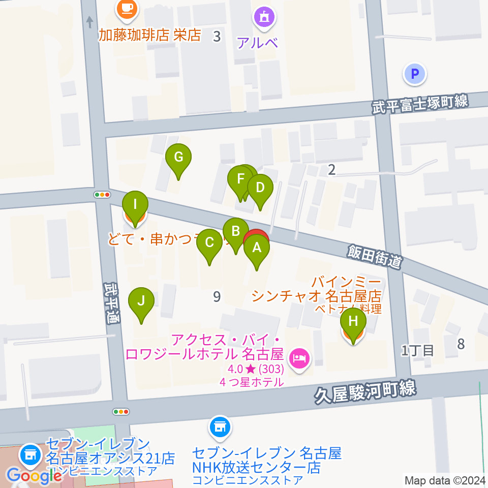 名古屋THE WIZ周辺のファミレス・ファーストフード一覧地図