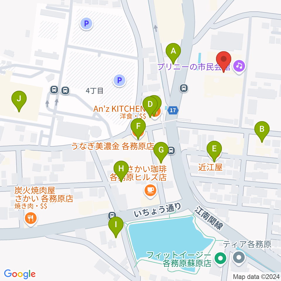 プリニーの市民会館周辺のファミレス・ファーストフード一覧地図