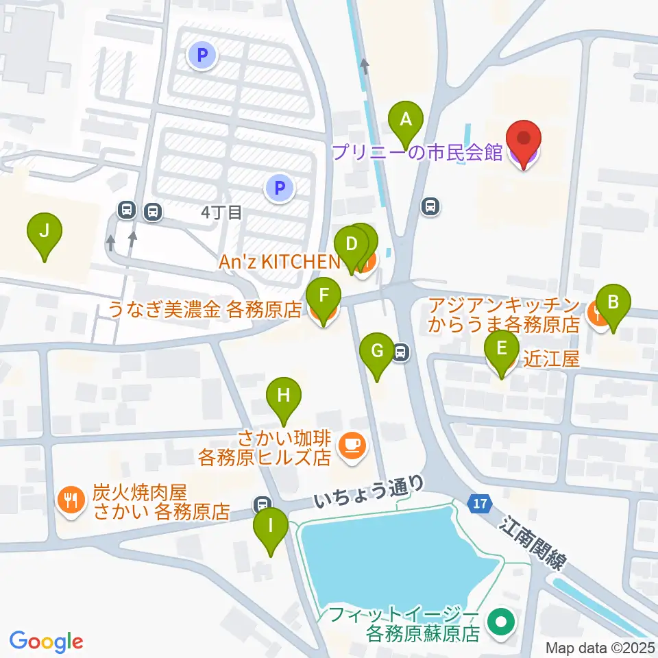 プリニーの市民会館周辺のファミレス・ファーストフード一覧地図