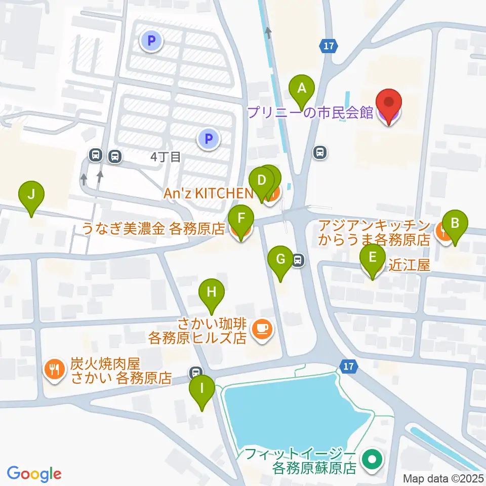 プリニーの市民会館周辺のファミレス・ファーストフード一覧地図