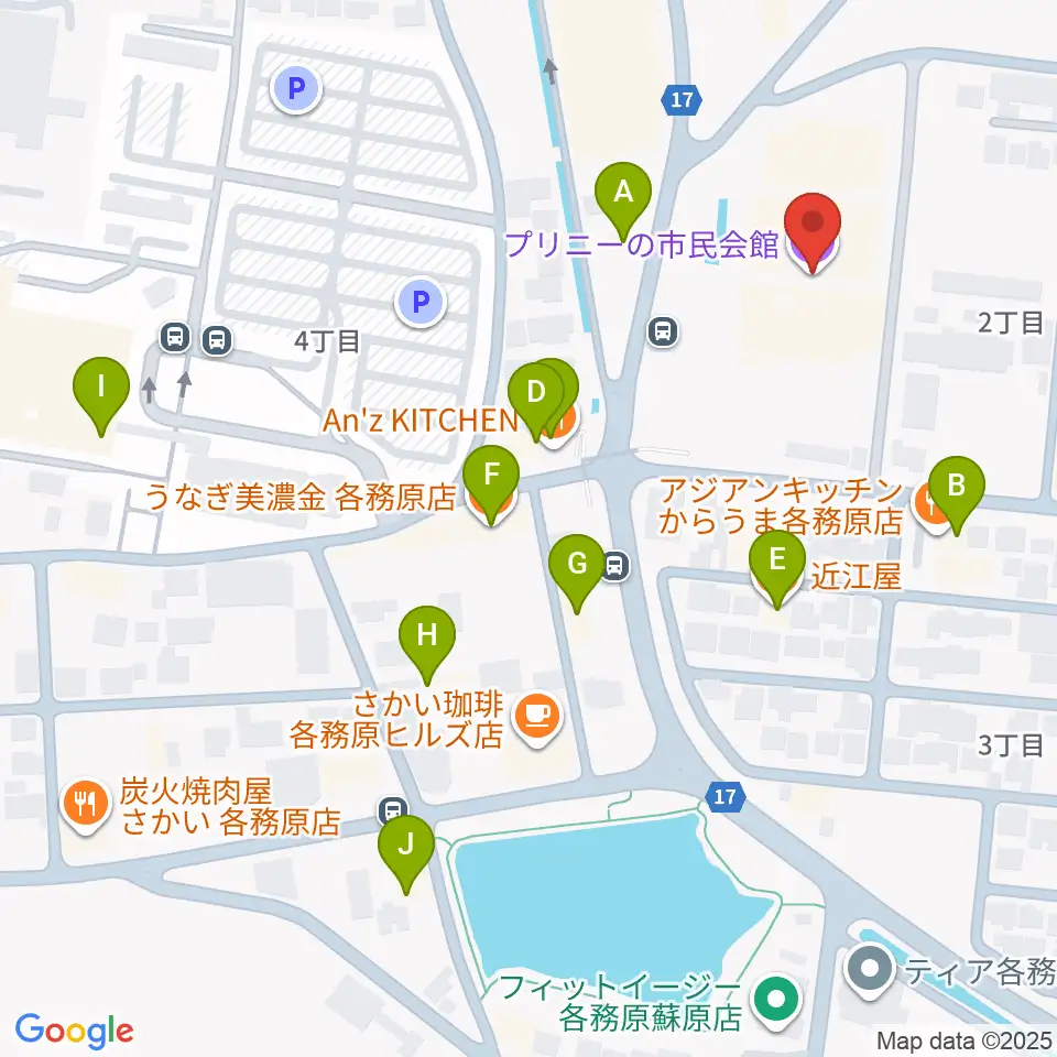 プリニーの市民会館周辺のファミレス・ファーストフード一覧地図