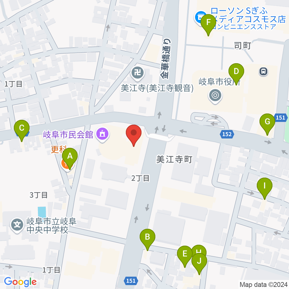 岐阜市民会館周辺のファミレス・ファーストフード一覧地図