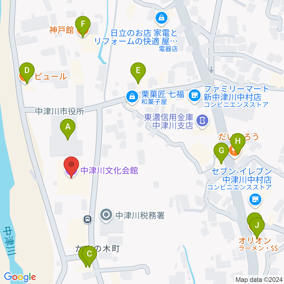 中津川文化会館周辺のファミレス・ファーストフード一覧地図