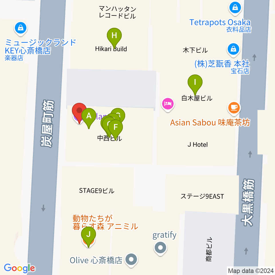 心斎橋AtlantiQs周辺のファミレス・ファーストフード一覧地図