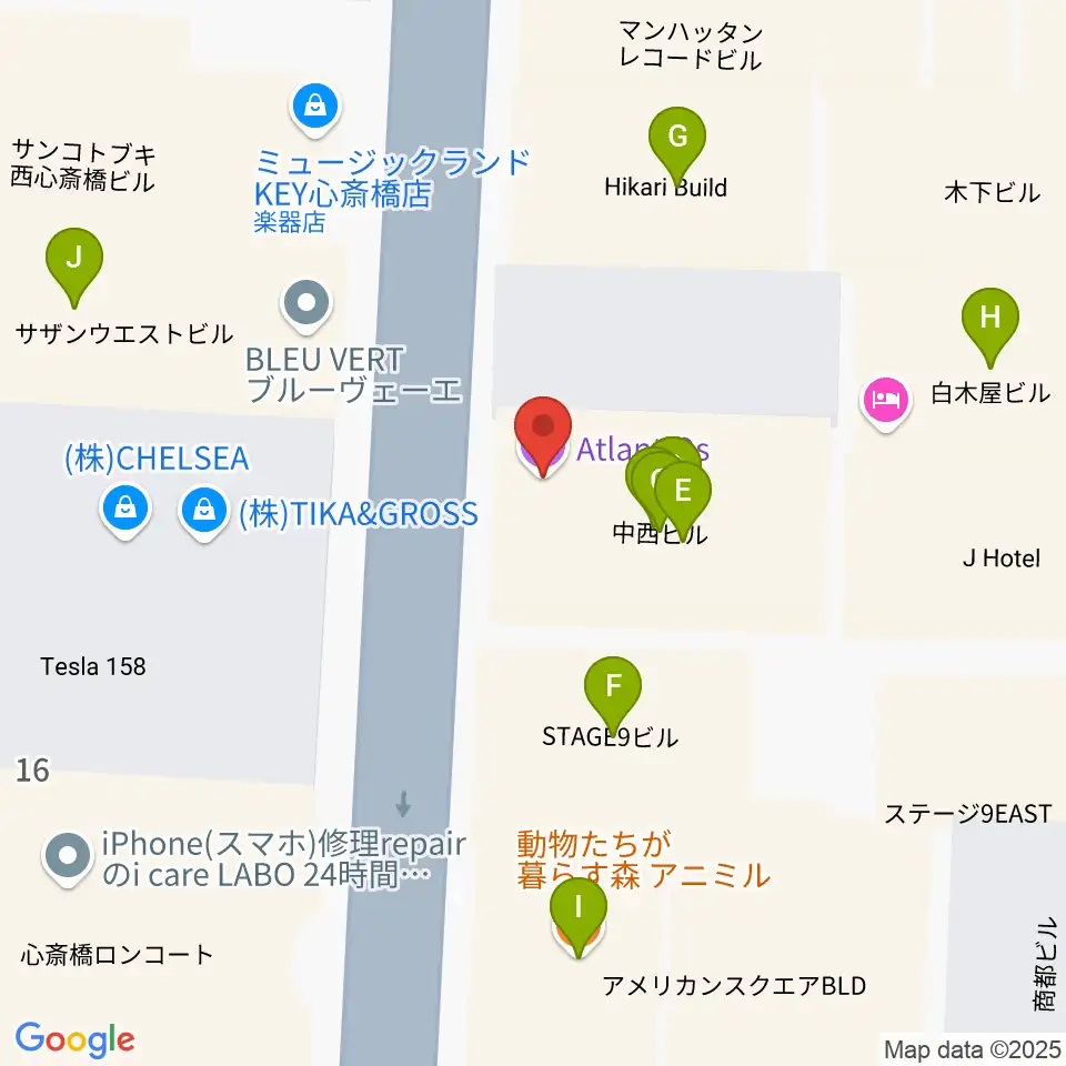 心斎橋AtlantiQs周辺のファミレス・ファーストフード一覧地図