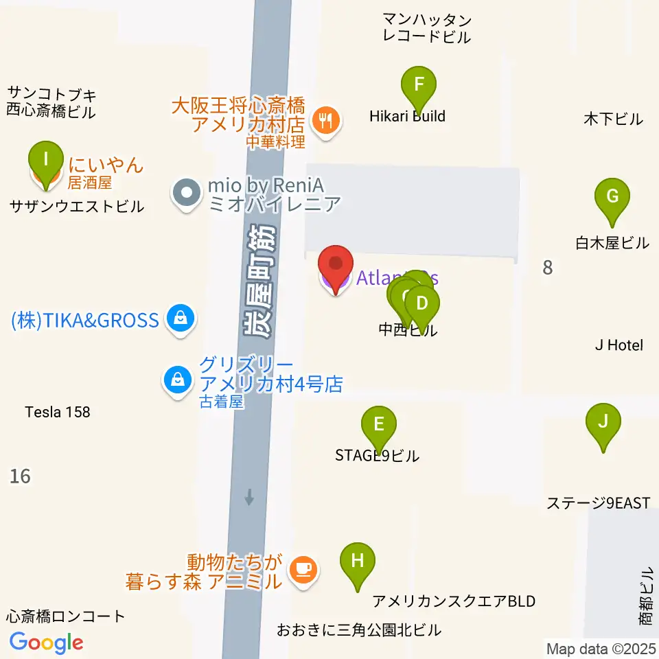 心斎橋AtlantiQs周辺のファミレス・ファーストフード一覧地図