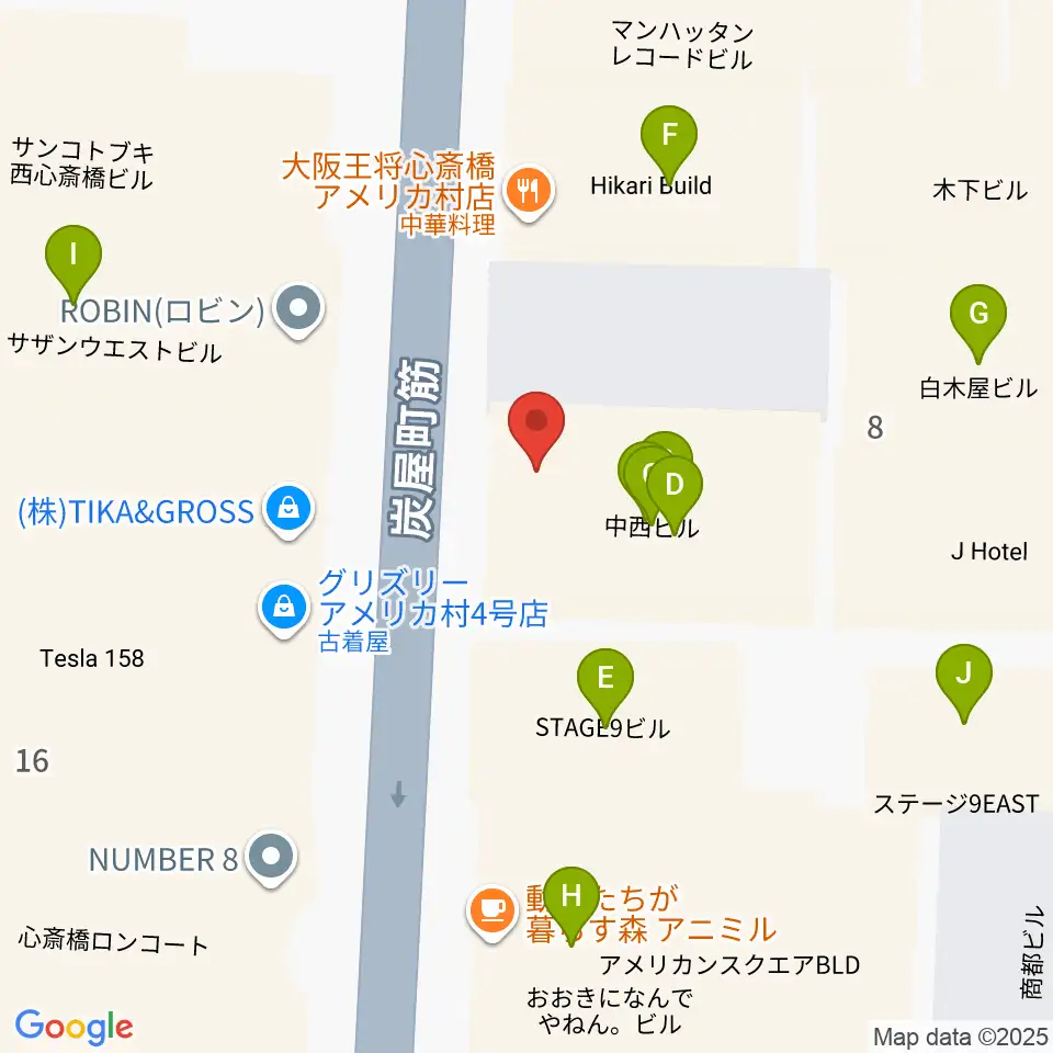 心斎橋AtlantiQs周辺のファミレス・ファーストフード一覧地図