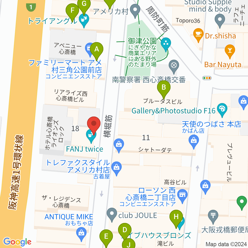 心斎橋キングコブラ周辺のファミレス・ファーストフード一覧地図