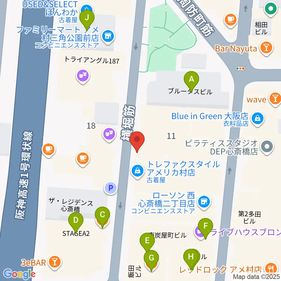 心斎橋キングコブラ周辺のファミレス・ファーストフード一覧地図