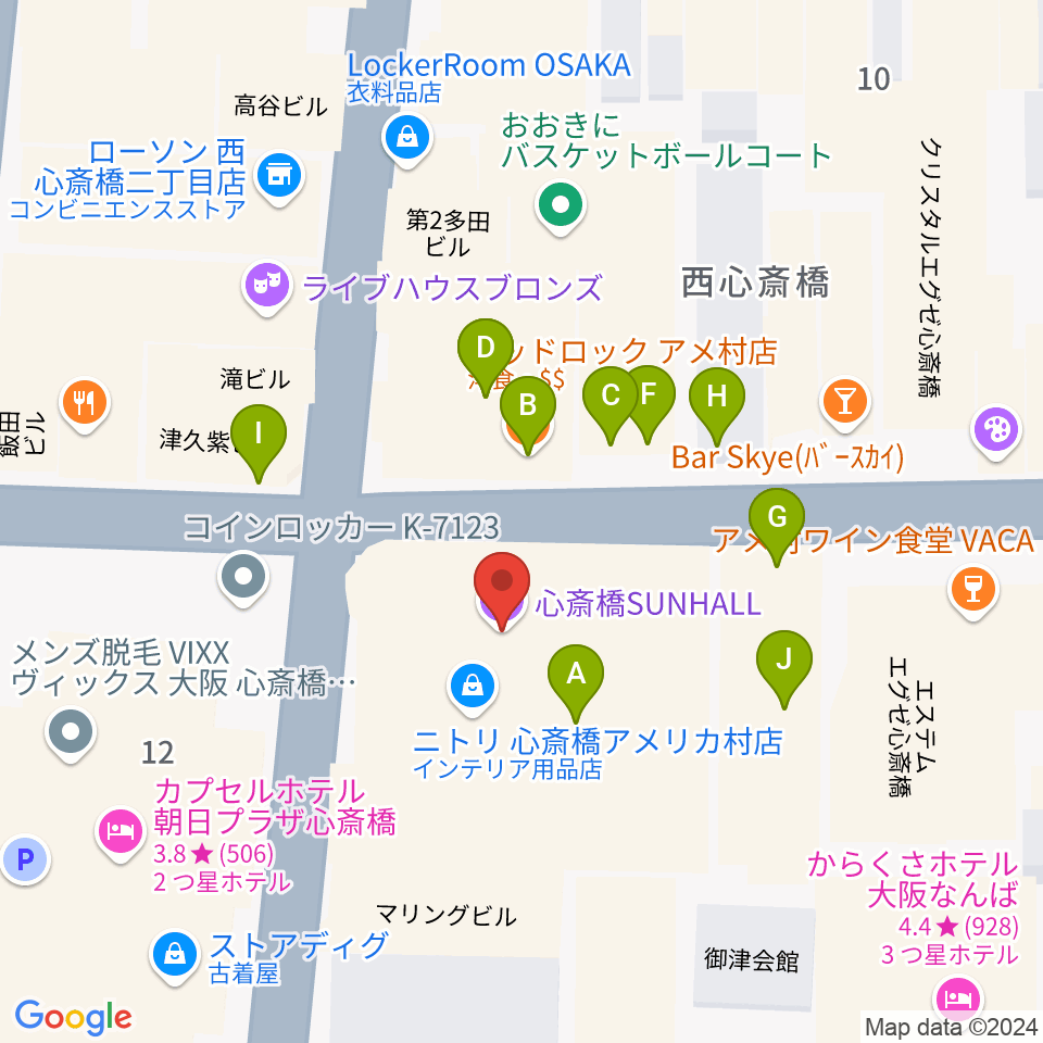 心斎橋SUNHALL周辺のファミレス・ファーストフード一覧地図