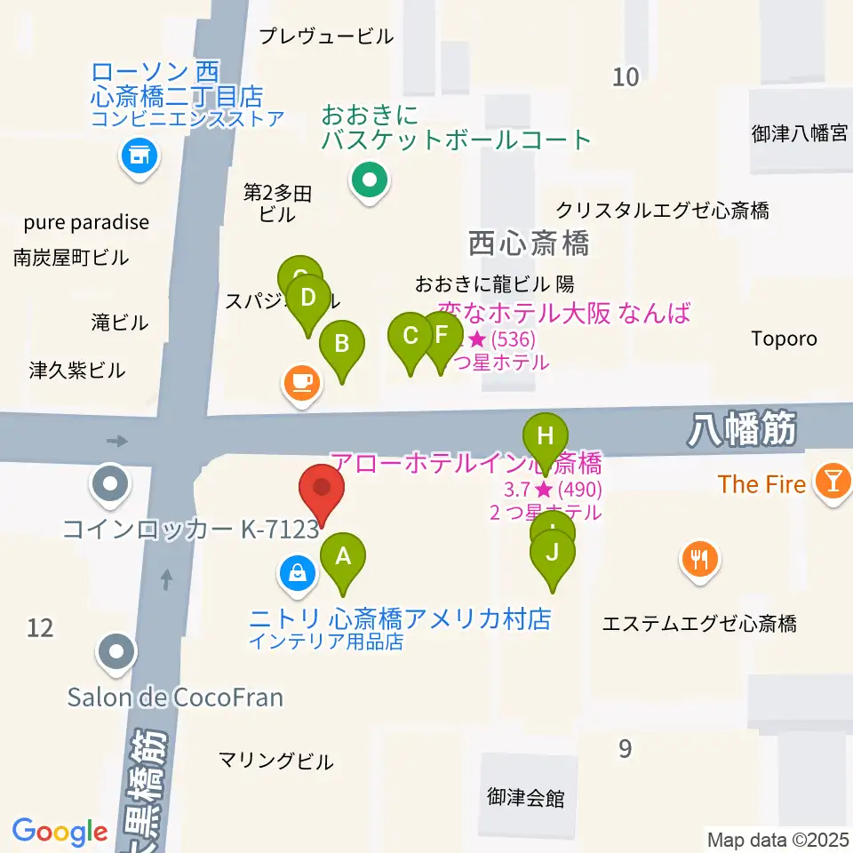 心斎橋SUNHALL周辺のファミレス・ファーストフード一覧地図