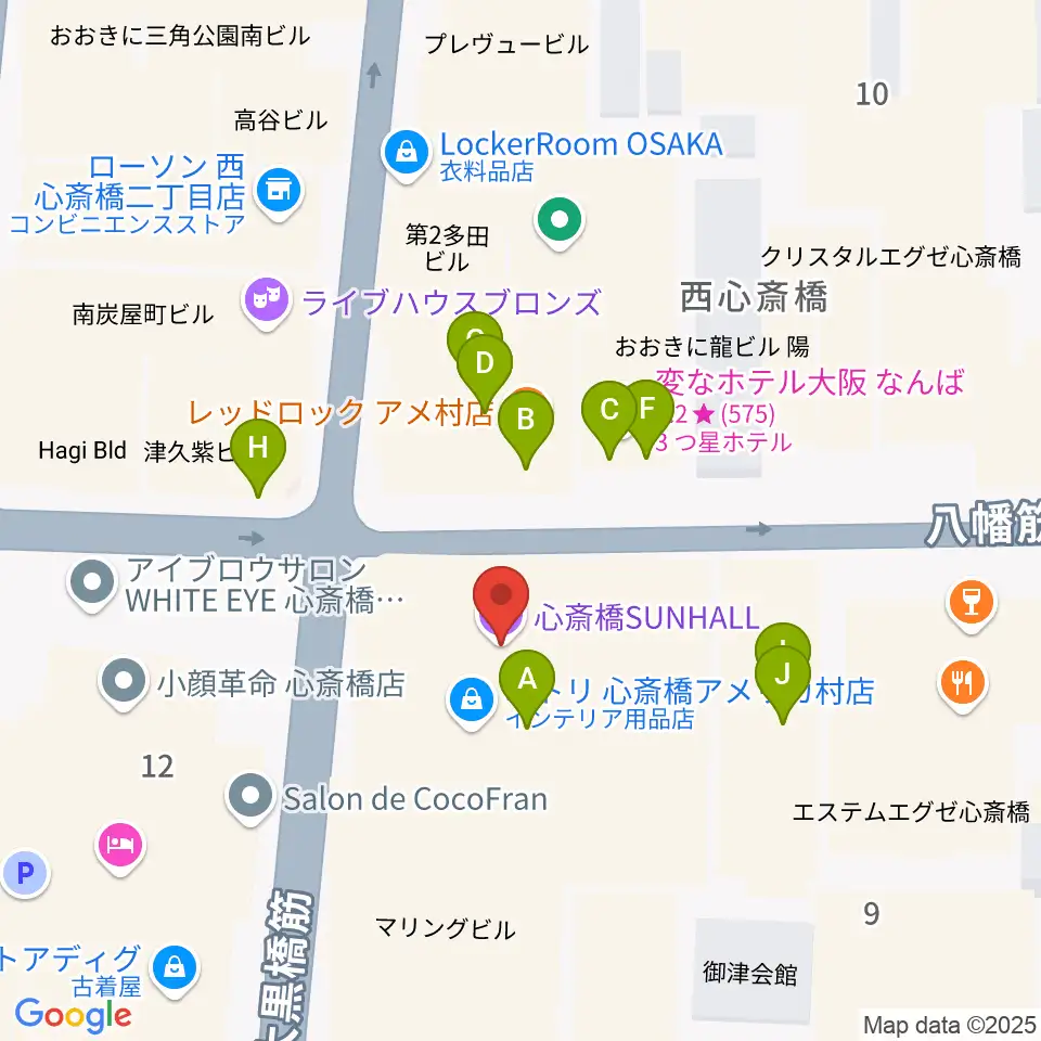 心斎橋SUNHALL周辺のファミレス・ファーストフード一覧地図