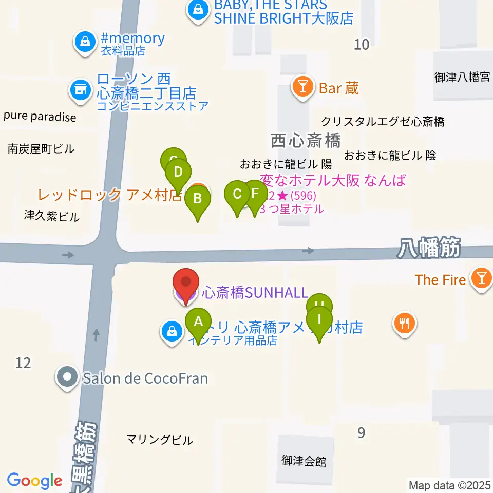 心斎橋SUNHALL周辺のファミレス・ファーストフード一覧地図