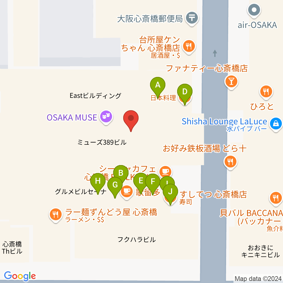 大阪MUSE周辺のファミレス・ファーストフード一覧地図