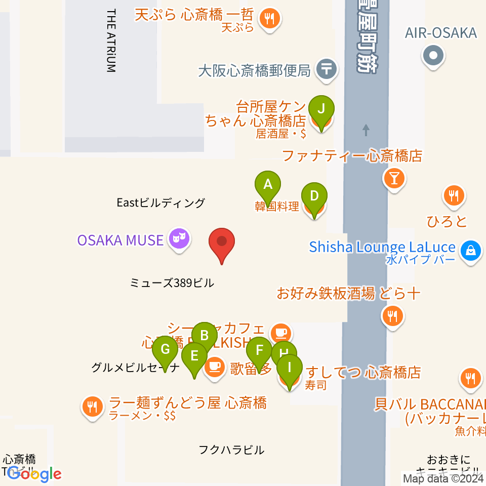 大阪MUSE周辺のファミレス・ファーストフード一覧地図