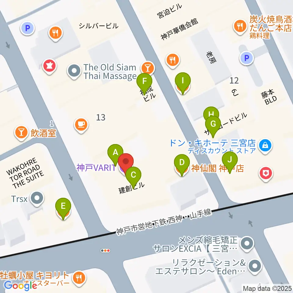 神戸VARIT.周辺のファミレス・ファーストフード一覧地図