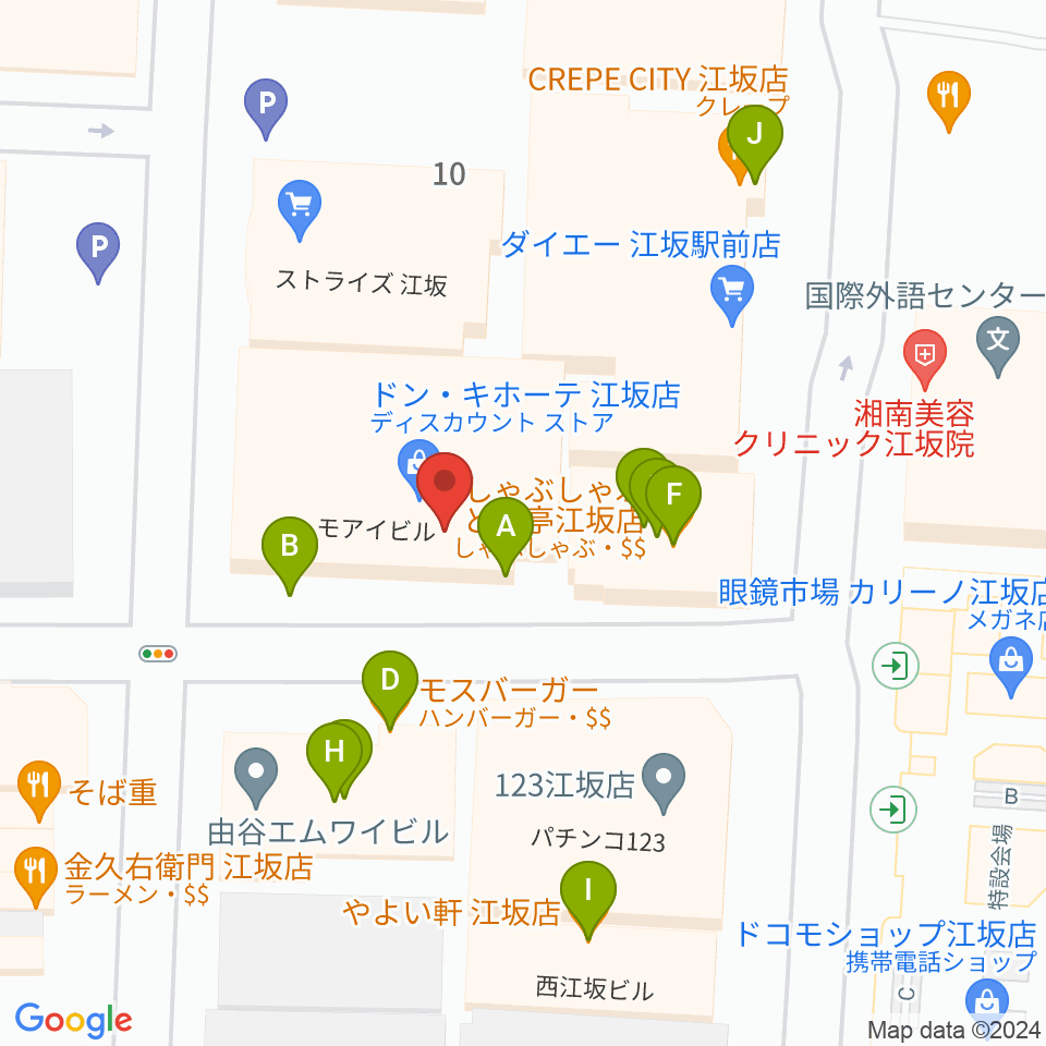 江坂ミューズ周辺のファミレス・ファーストフード一覧地図