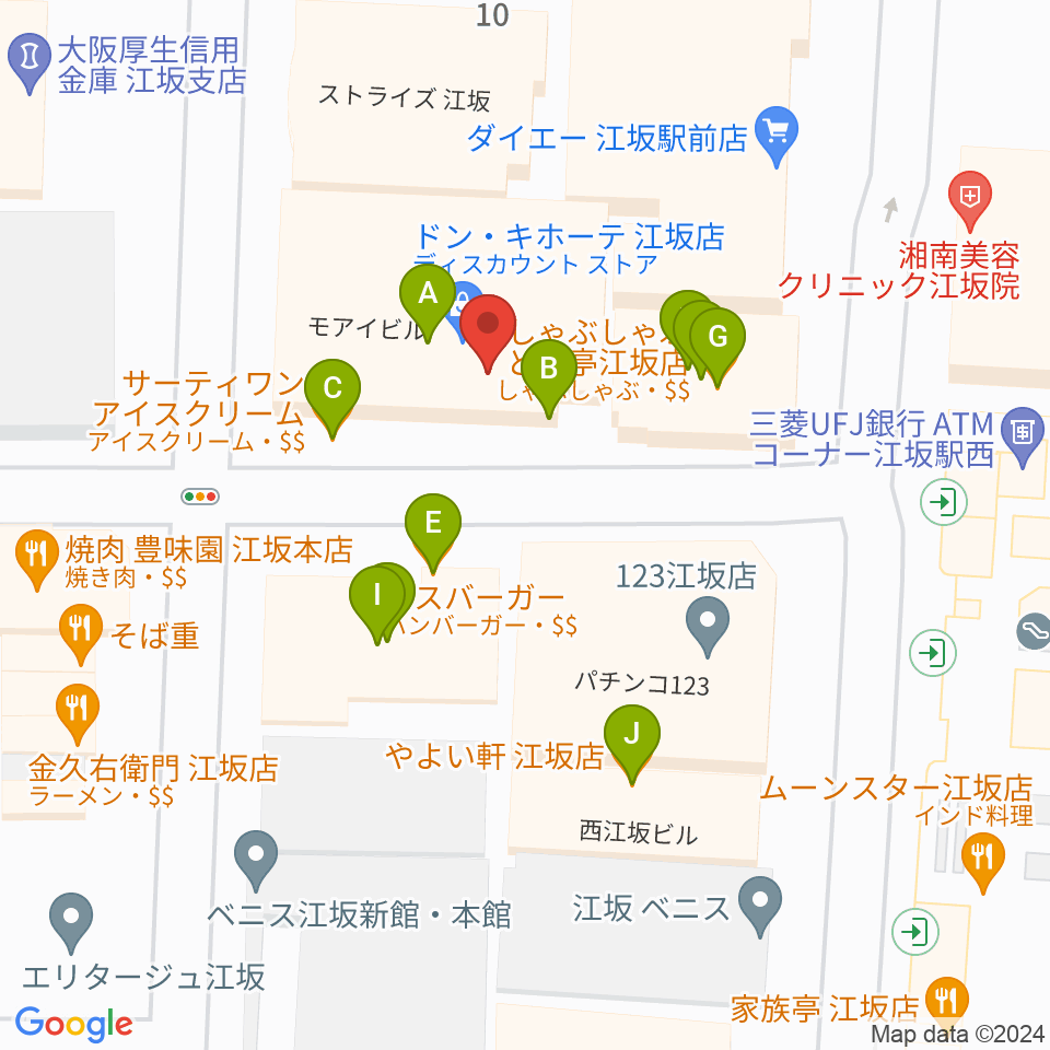 江坂ミューズ周辺のファミレス・ファーストフード一覧地図