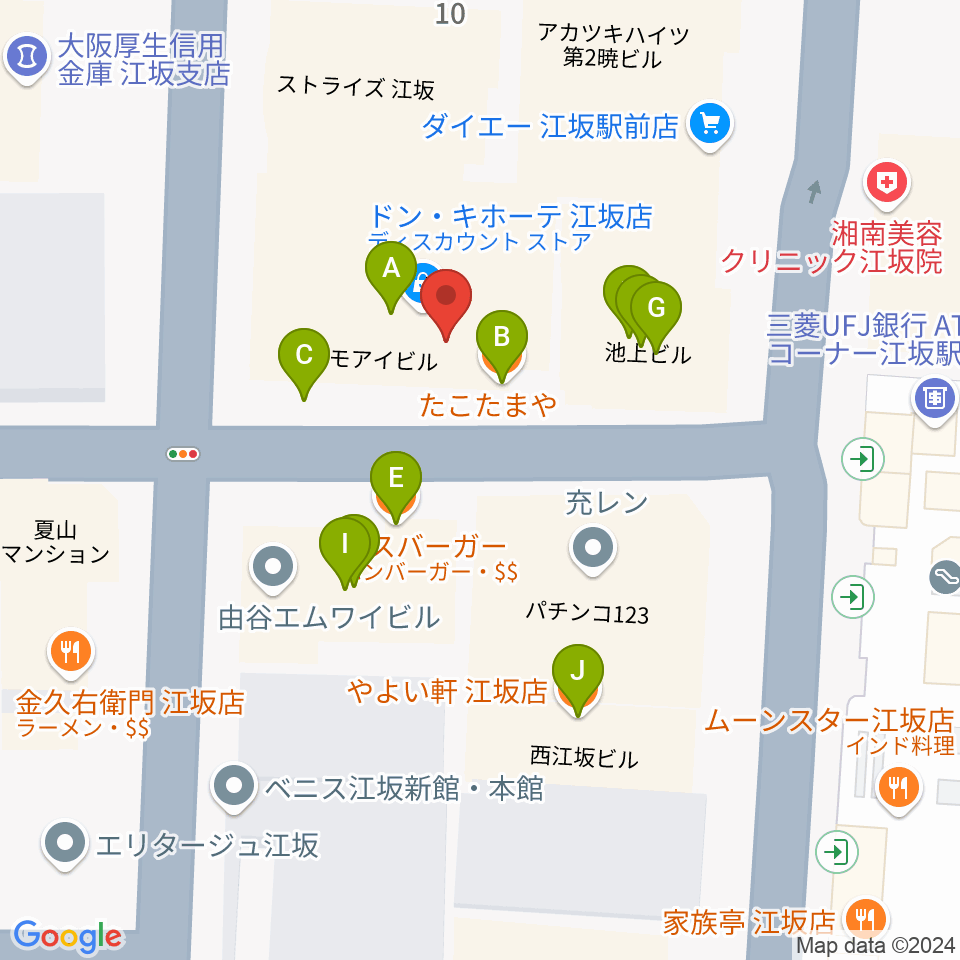 江坂ミューズ周辺のファミレス・ファーストフード一覧地図